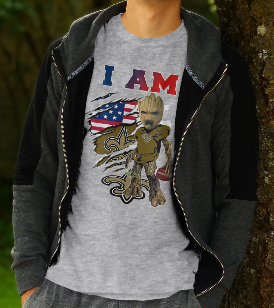 I Am Saints Baby Groot Nfl Football Fleur-De-Lis Usa Flag T-Shirt
