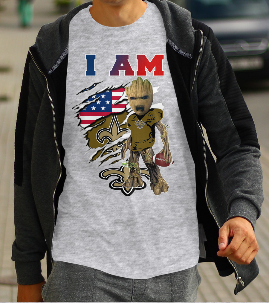 I Am Saints Baby Groot Nfl Football Fleur-De-Lis Usa Flag T-Shirt