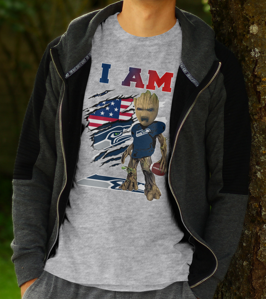 I AM Seahawks Baby Groot Football American Flag T-Shirt