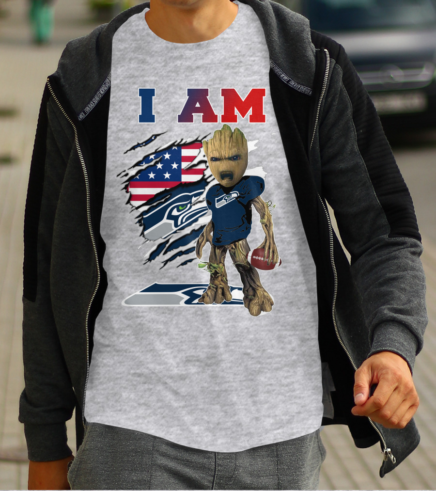 I AM Seahawks Baby Groot Football American Flag T-Shirt
