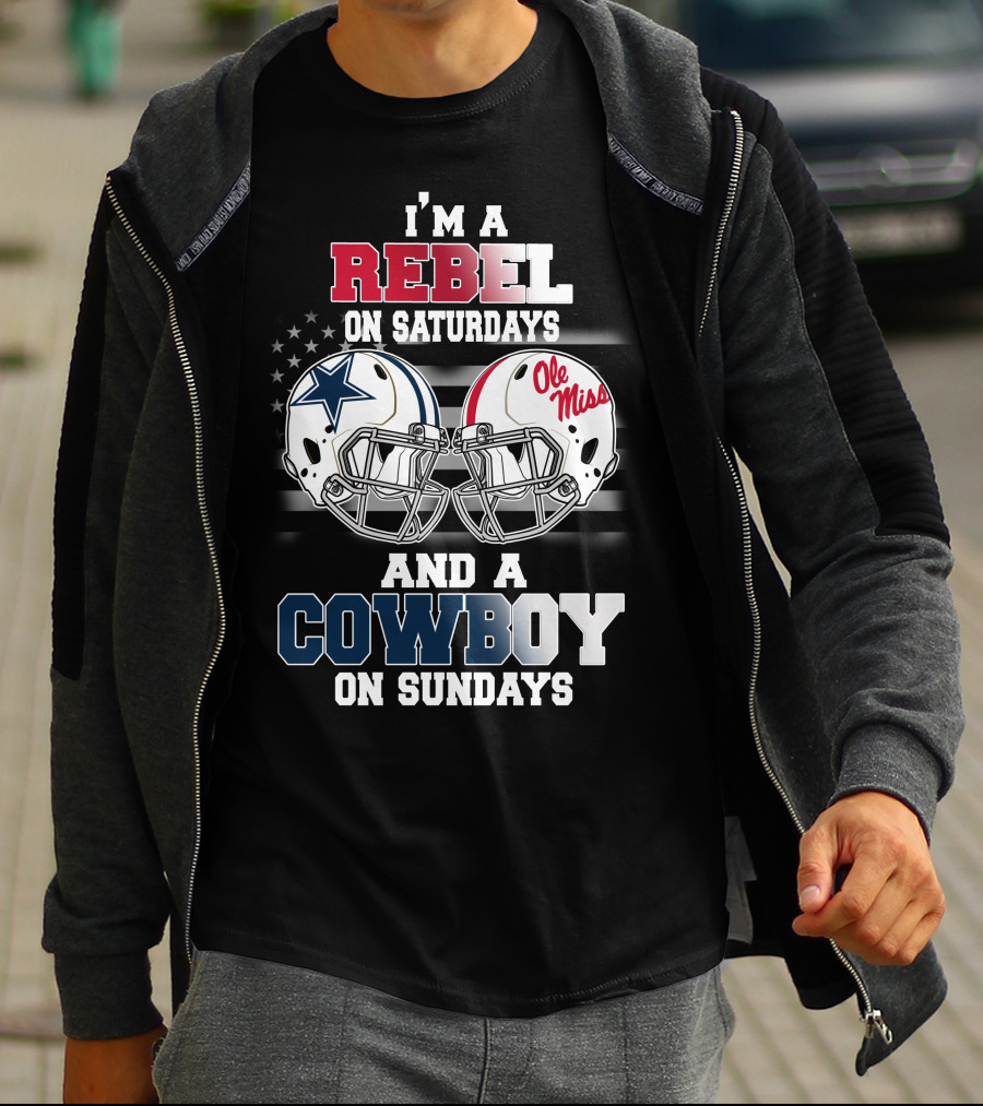 I'm A Rebel On Saturdays And A Cowboy On Sundays Ole Miss Football Helmet Star T-Shirt