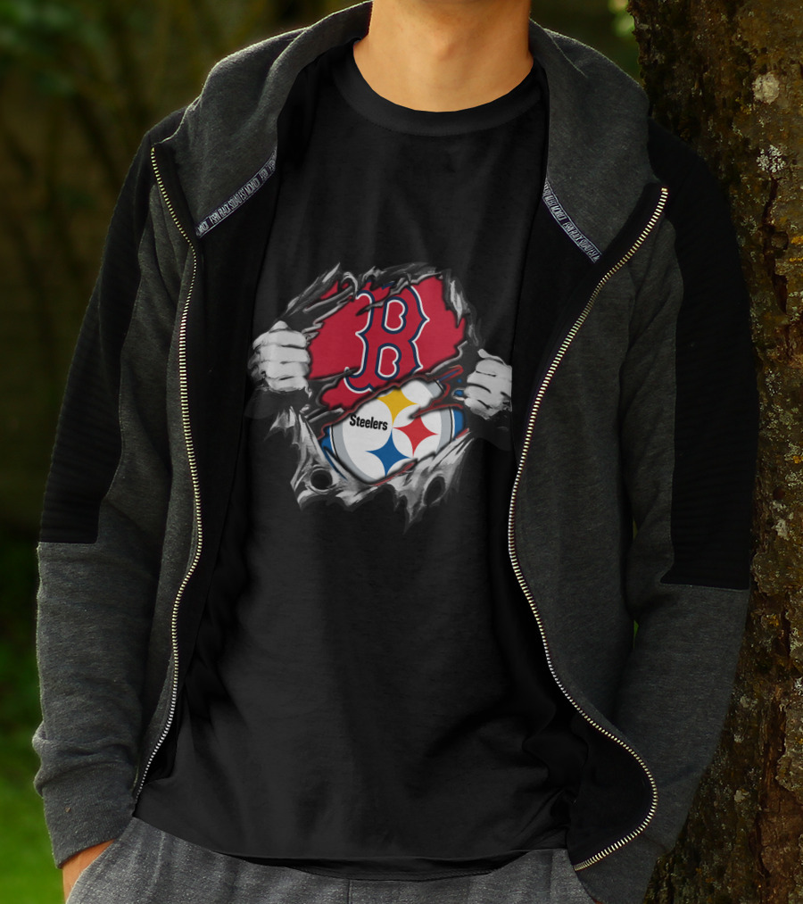 Steelers Red Sox Fusion Emblem With Torn Effect T-Shirt