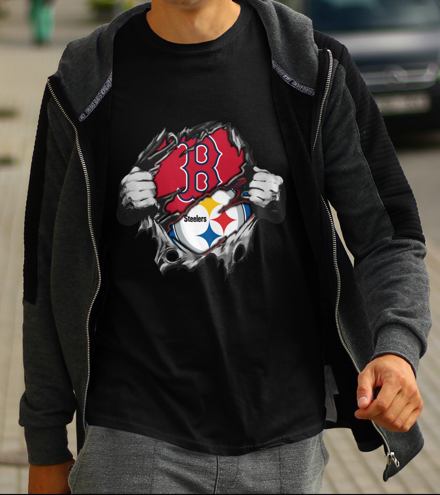 Steelers Red Sox Fusion Emblem With Torn Effect T-Shirt