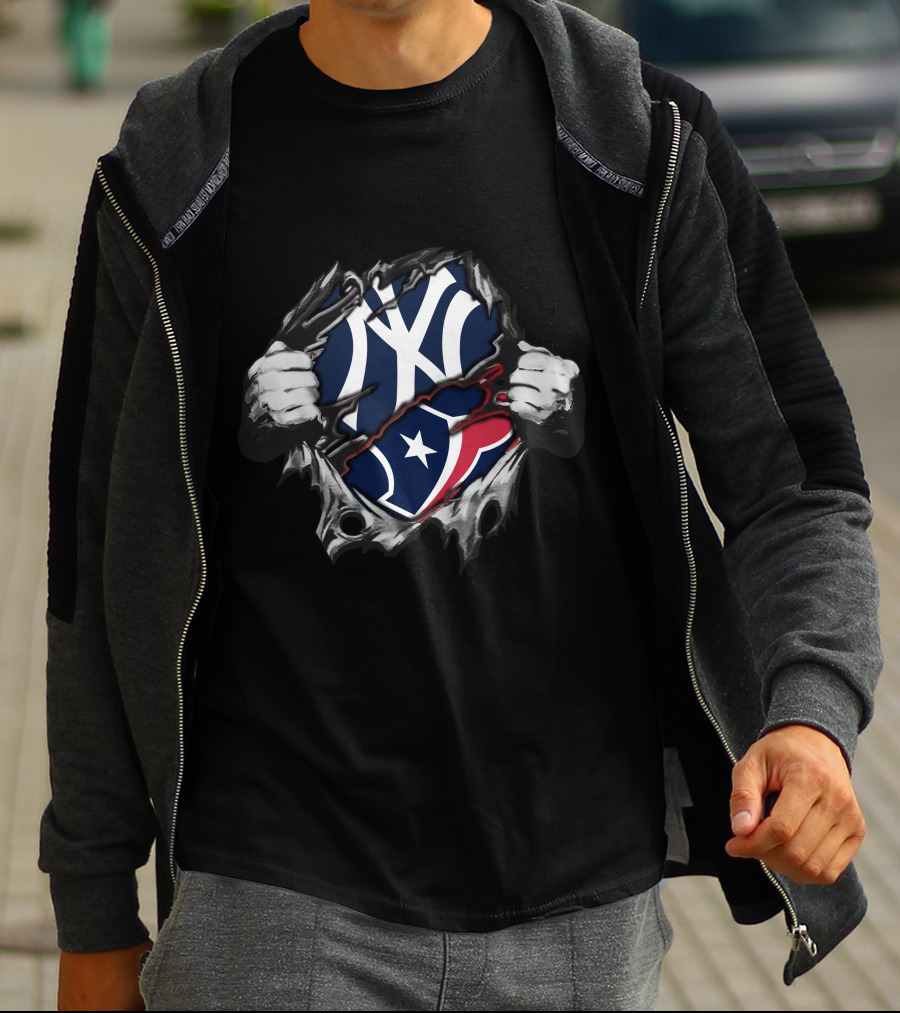 Texans Yankees Logo Fusion With Torn Effect T-Shirt