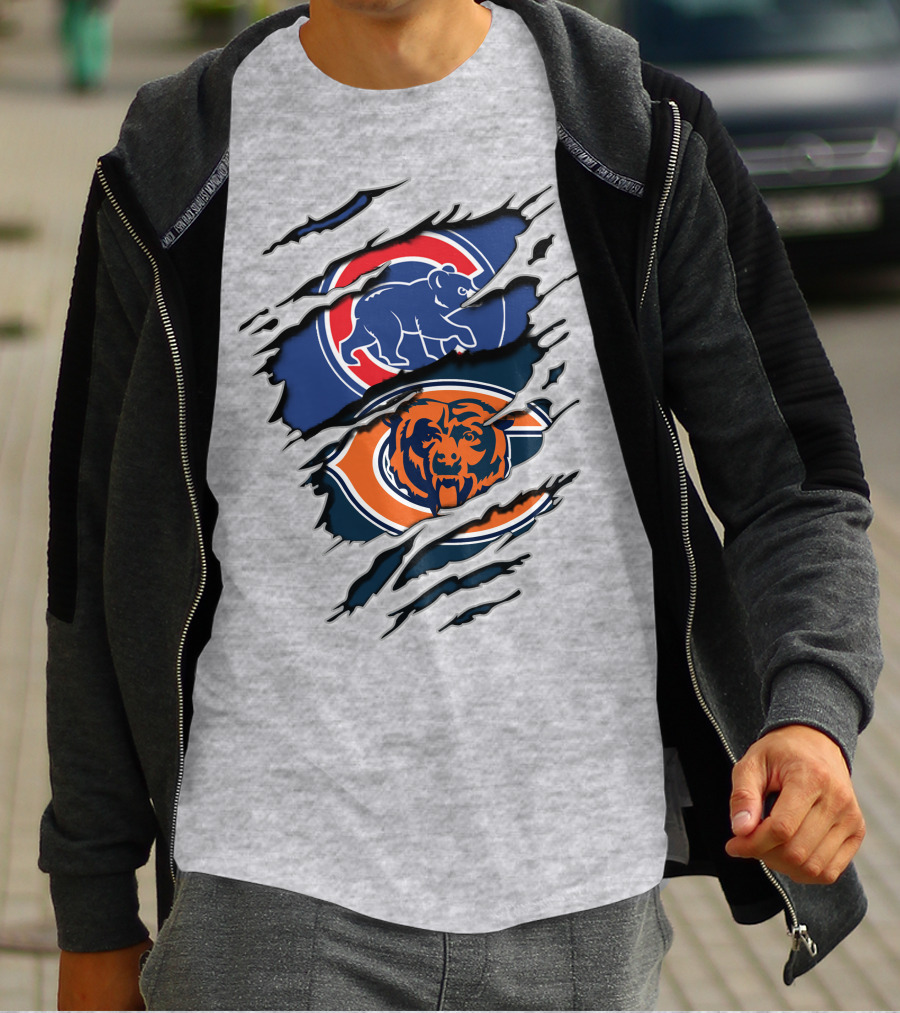 Cubs Bears Dual Logo Design Ripped Tear Combination T-Shirt
