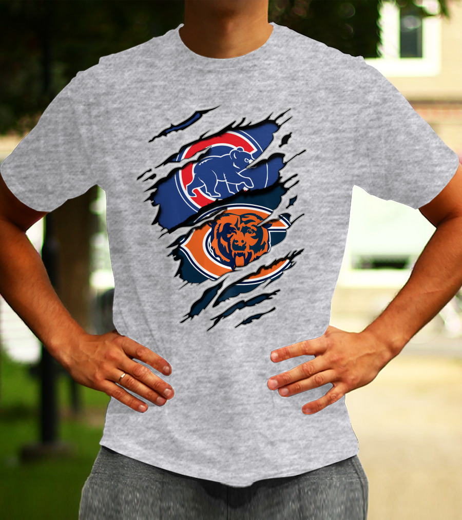 Cubs Bears Dual Logo Design Ripped Tear Combination T-Shirt