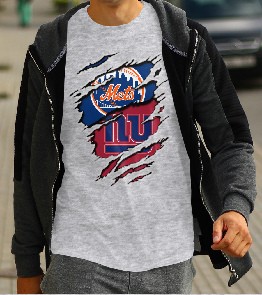 Mets Giants Baseball Football Crossover Ripped T-Shirt