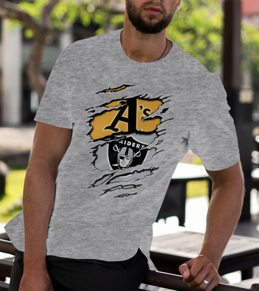 Oakland Athletics Raiders Dual Logo Torn Effect T-Shirt