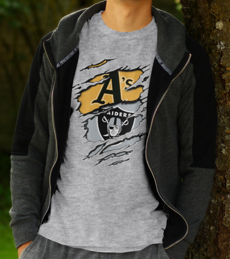 Oakland Athletics Raiders Dual Logo Torn Effect T-Shirt
