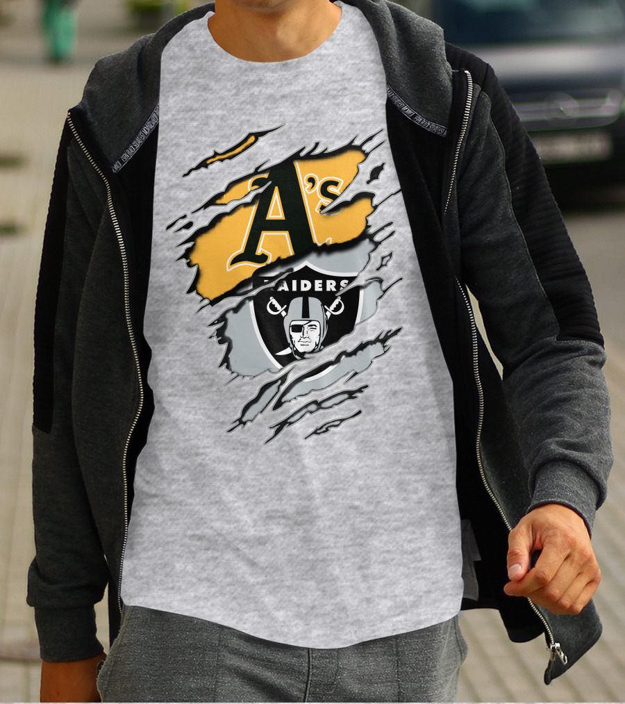 Oakland Athletics Raiders Dual Logo Torn Effect T-Shirt