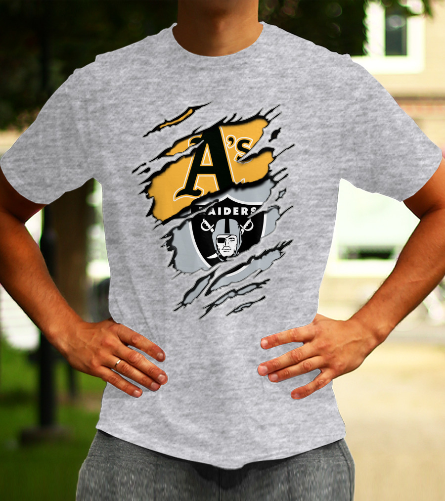 Oakland Athletics Raiders Dual Logo Torn Effect T-Shirt