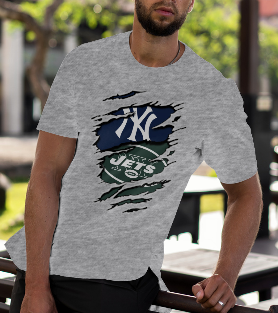 New York Jets Yankees Ny Sports Logos Rip Effect T-Shirt