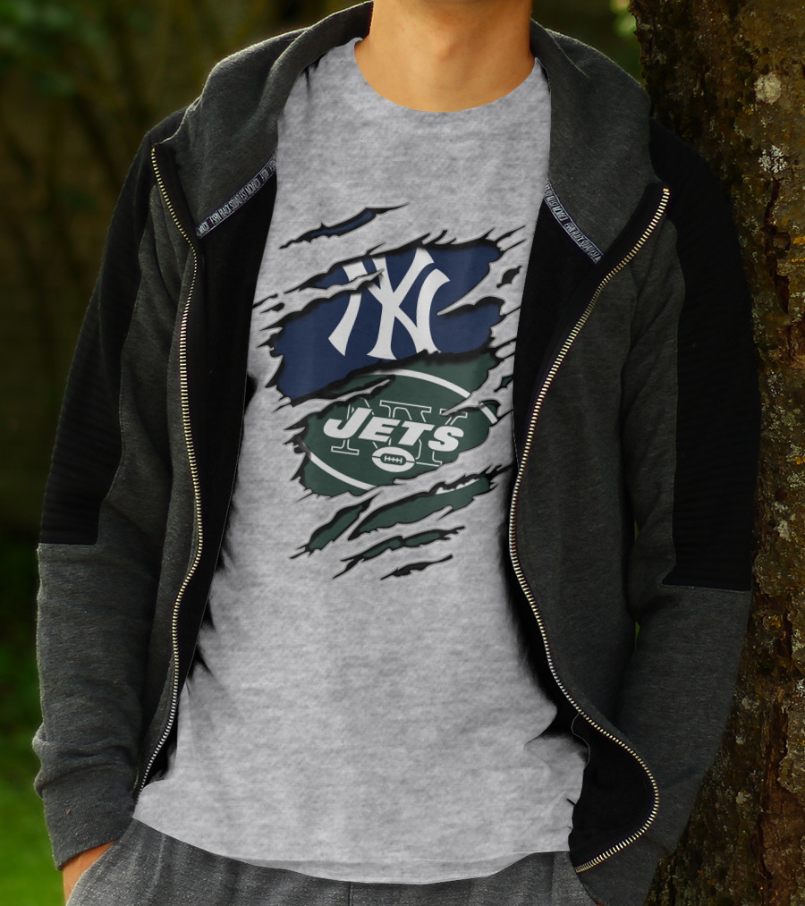 New York Jets Yankees Ny Sports Logos Rip Effect T-Shirt