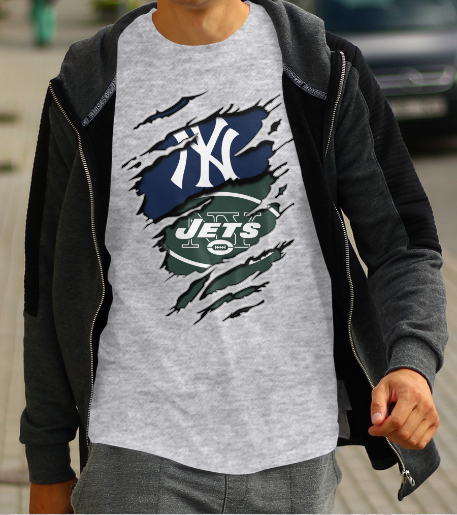 New York Jets Yankees Ny Sports Logos Rip Effect T-Shirt