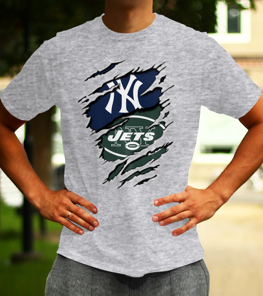 New York Jets Yankees Ny Sports Logos Rip Effect T-Shirt
