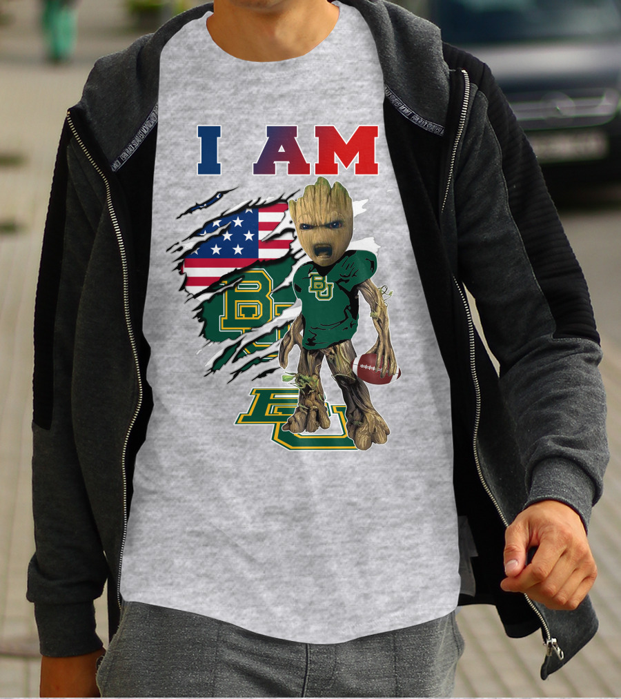 I AM Baylor Bears Groot Football American Flag T-Shirt