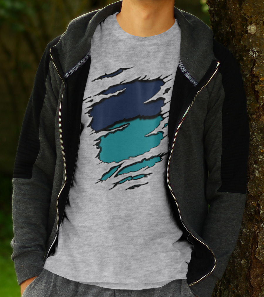 Yan-Dolphins19 Navy Teal Torn T-Shirt