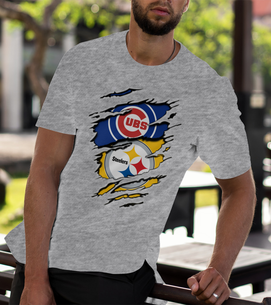 Steelers Cubs Logos With Torn Fabric T-Shirt