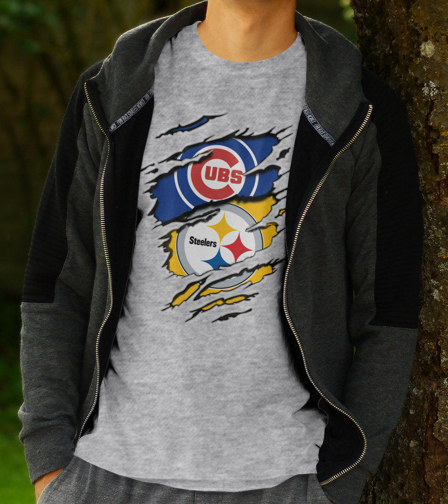 Steelers Cubs Logos With Torn Fabric T-Shirt