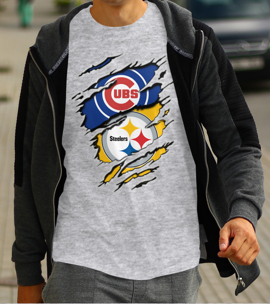 Steelers Cubs Logos With Torn Fabric T-Shirt