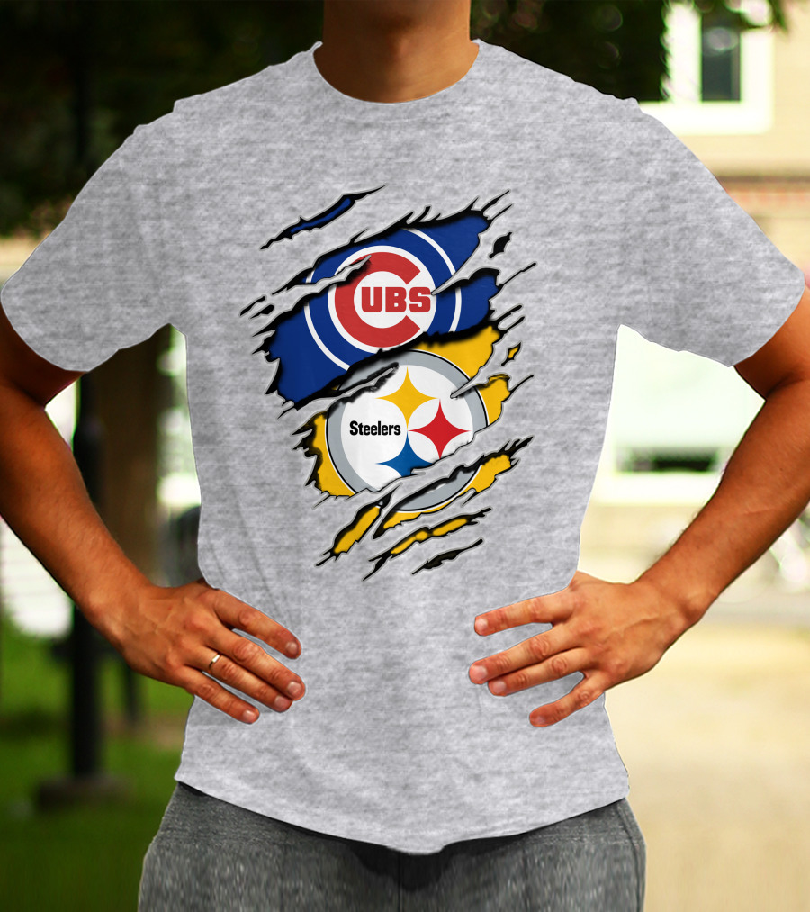 Steelers Cubs Logos With Torn Fabric T-Shirt