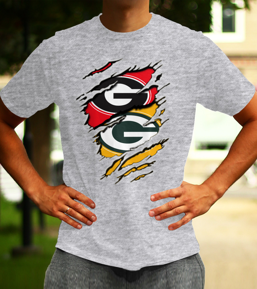Green Bay Packers Georgia Bulldogs Dual Logo Rip Claw Marks T-Shirt