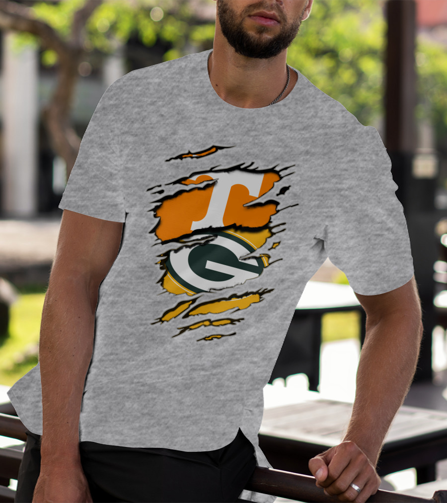 Tennessee Vols And Green Bay Packers Torn Logo Fusion T-Shirt