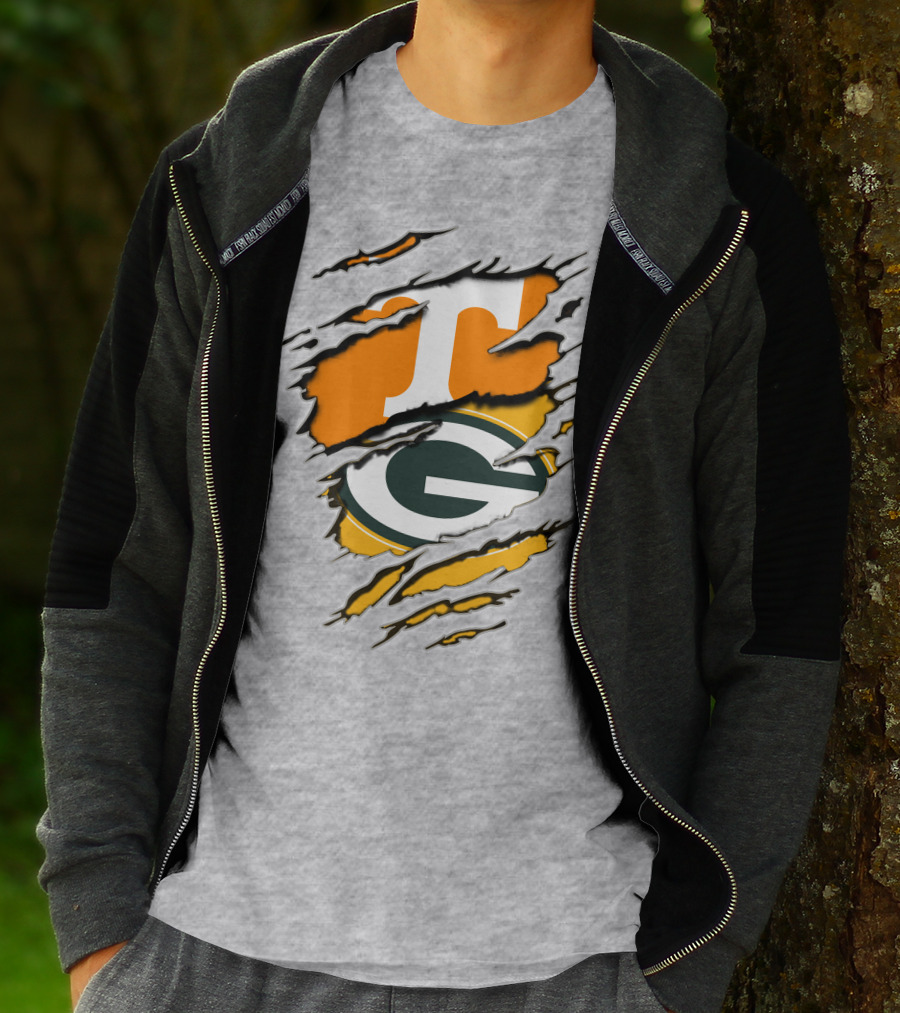 Tennessee Vols And Green Bay Packers Torn Logo Fusion T-Shirt