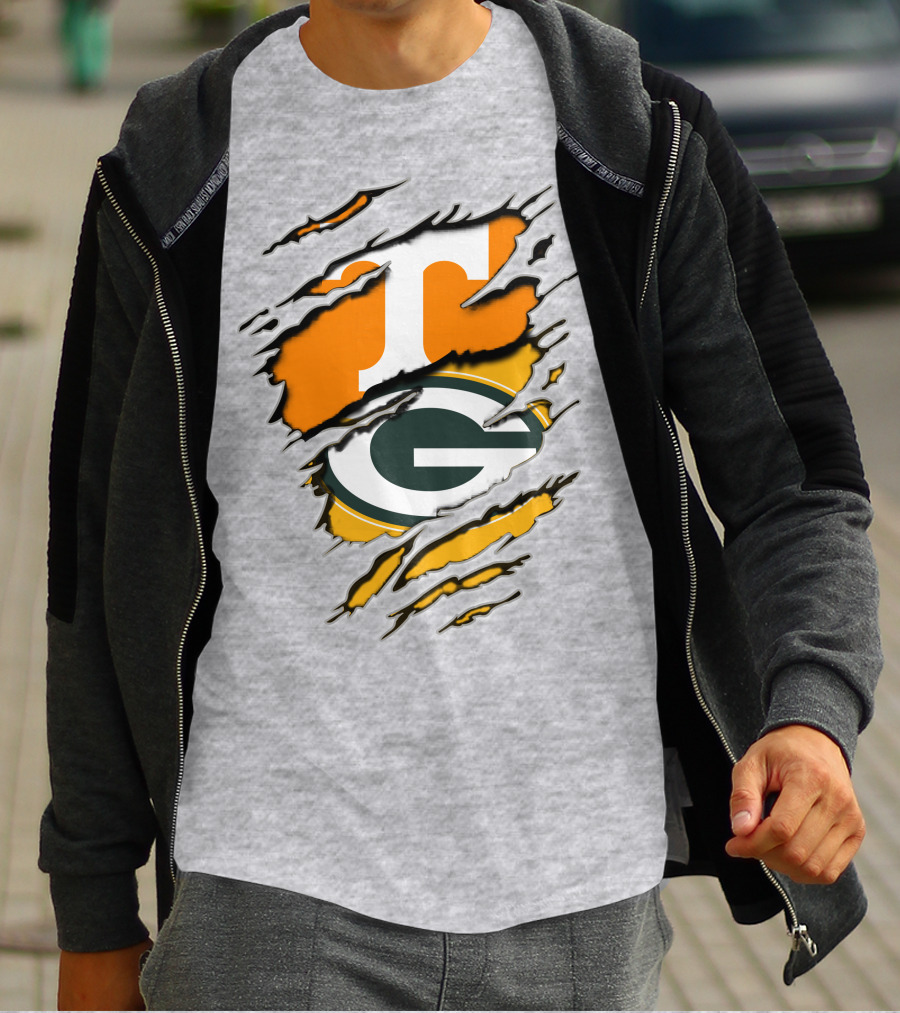 Tennessee Vols And Green Bay Packers Torn Logo Fusion T-Shirt