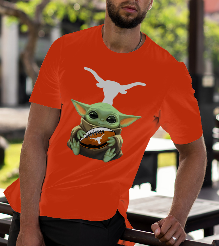 Baby Yoda Longhorns Football Logo Orange Background T-Shirt