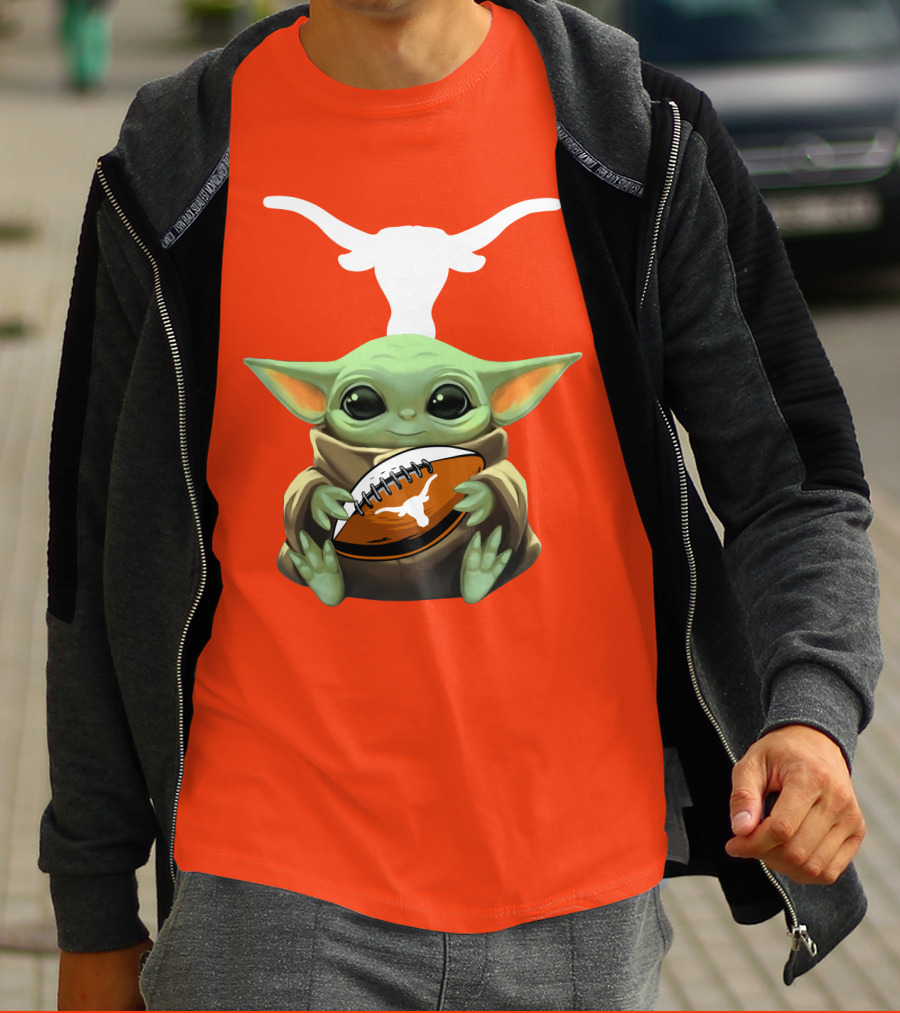 Baby Yoda Longhorns Football Logo Orange Background T-Shirt