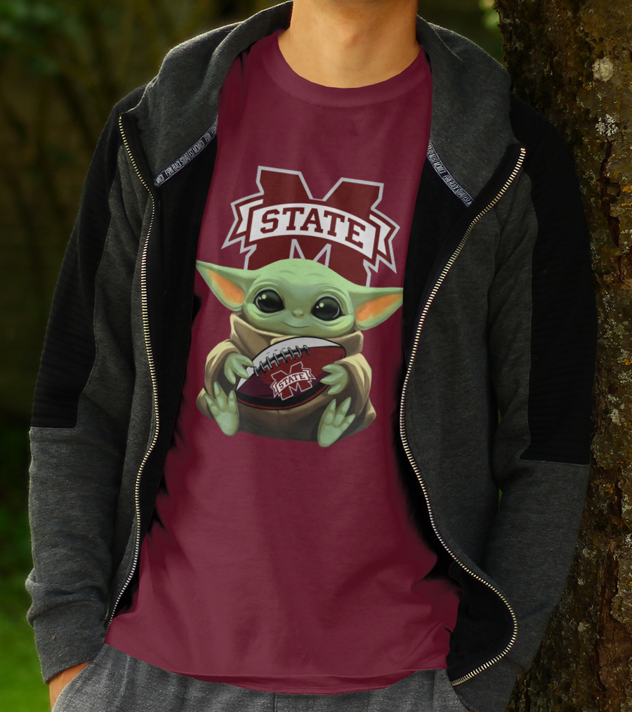 Baby Yoda Holding Mississippi State Bulldogs Football T-Shirt