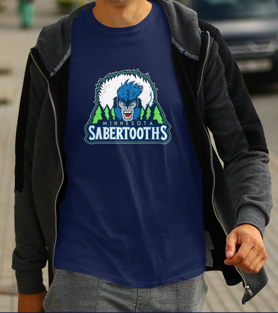 Minnesota Sabertooths NBA Logo With Blue Sabertooth And Green Pine Trees T-Shirt