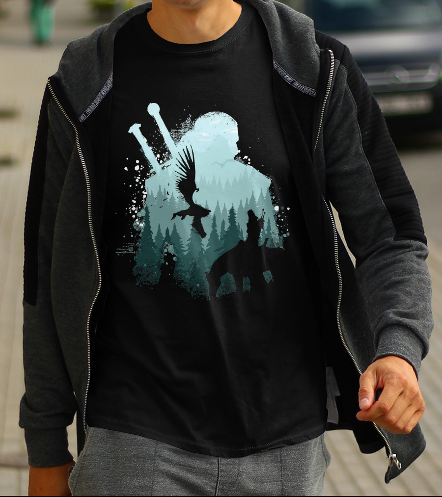 Wild Huntsman Silhouette With Swords Forest And Animals T-Shirt