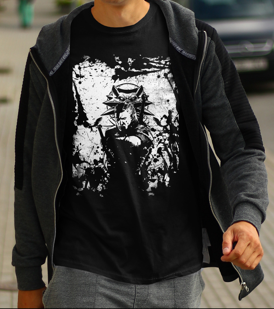 The Witcher 3 Wild Hunt Geralt Wolf School Emblem Splatter T-Shirt