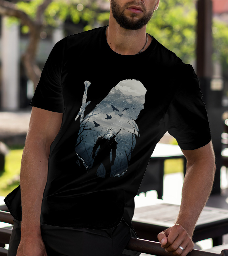 Wild Hunt Forest Geralt Silhouette With Mountains Ravens Sword T-Shirt