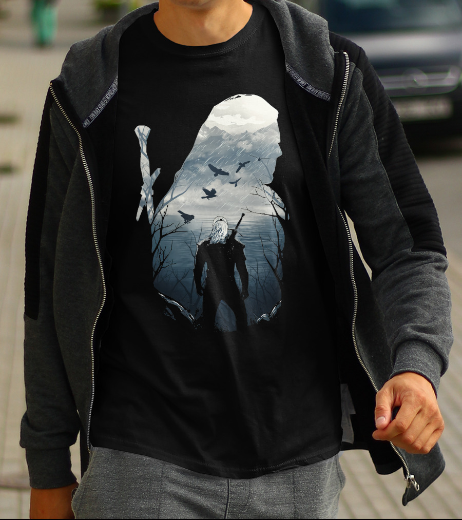 Wild Hunt Forest Geralt Silhouette With Mountains Ravens Sword T-Shirt
