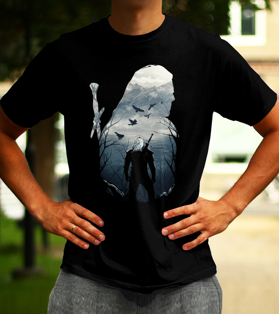 Wild Hunt Forest Geralt Silhouette With Mountains Ravens Sword T-Shirt