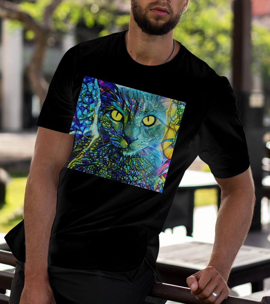 Cochfdhfdhfdh Stained Glass Mosaic Cat With Vibrant Yellow Eyes T-Shirt