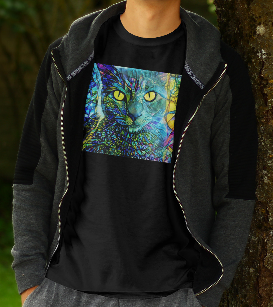 Cochfdhfdhfdh Stained Glass Mosaic Cat With Vibrant Yellow Eyes T-Shirt