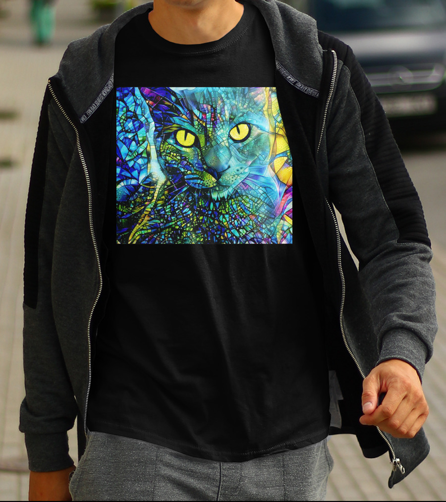 Cochfdhfdhfdh Stained Glass Mosaic Cat With Vibrant Yellow Eyes T-Shirt