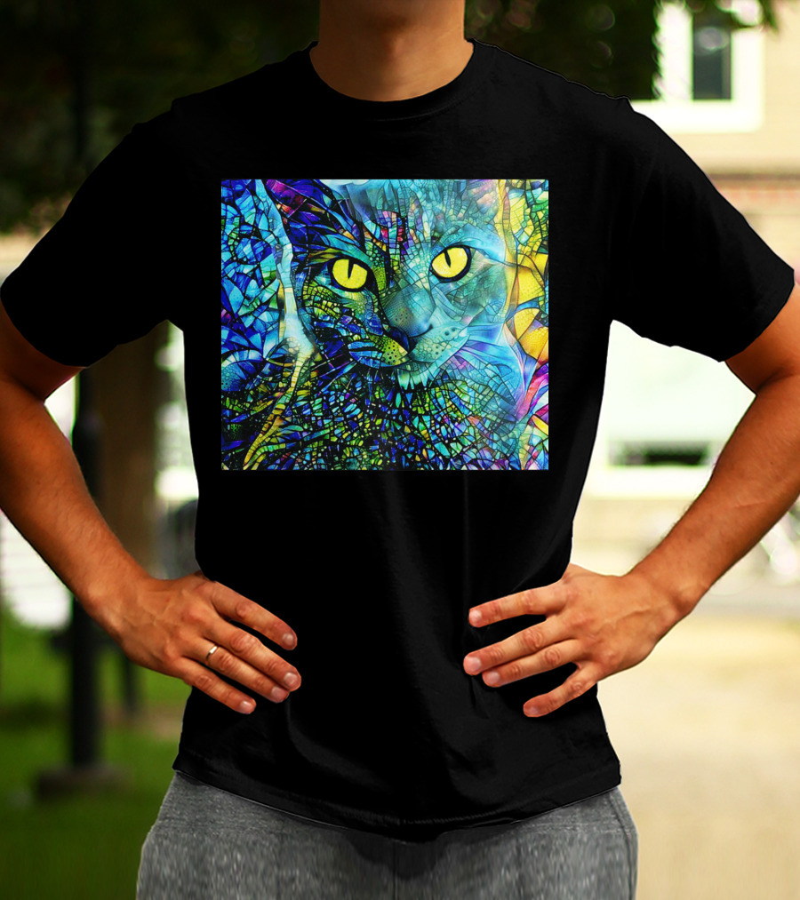 Cochfdhfdhfdh Stained Glass Mosaic Cat With Vibrant Yellow Eyes T-Shirt