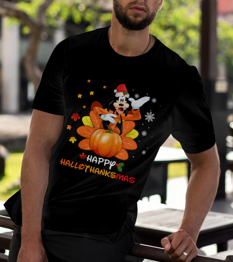Happy Goofy HalloThanksMas Snowflakes Pumpkin Leaves Santa Hat T-Shirt
