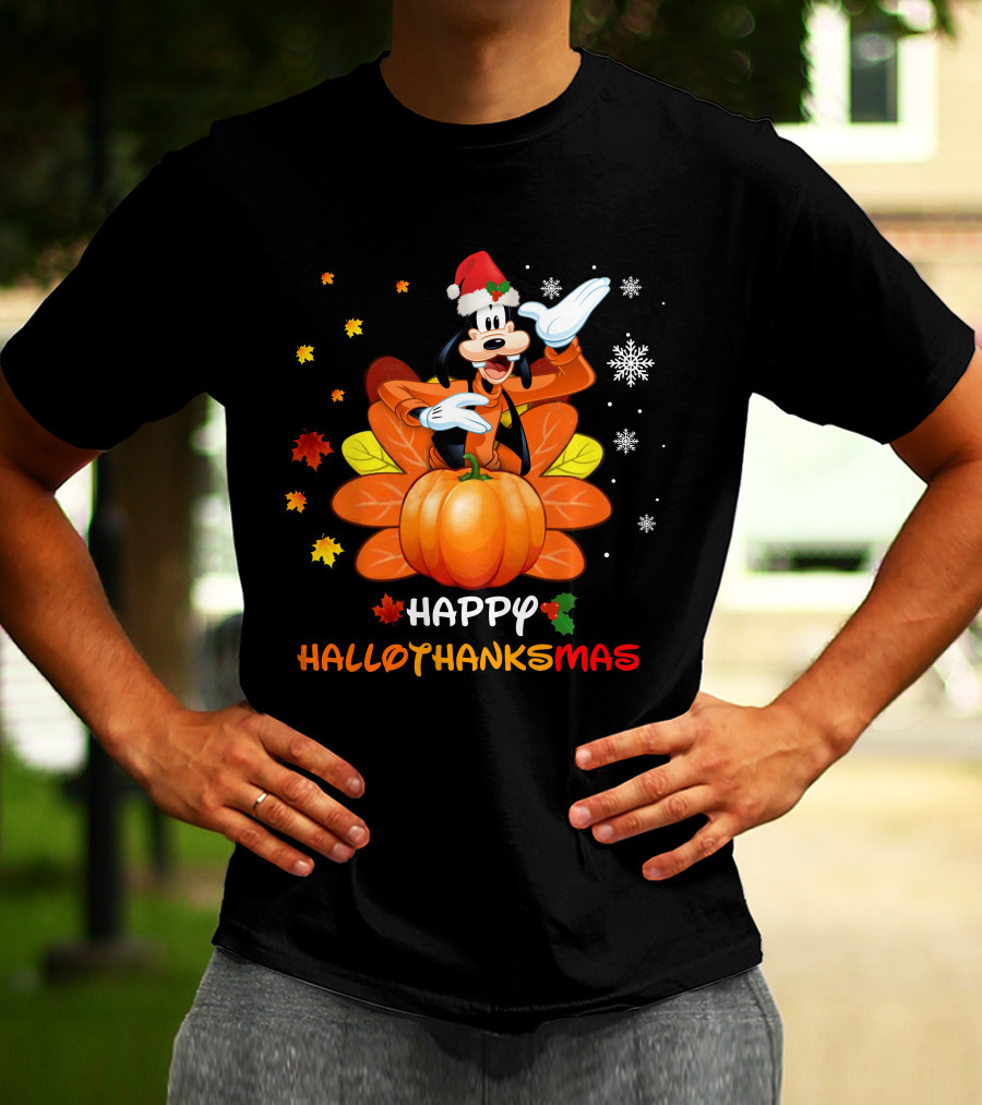 Happy Goofy HalloThanksMas Snowflakes Pumpkin Leaves Santa Hat T-Shirt