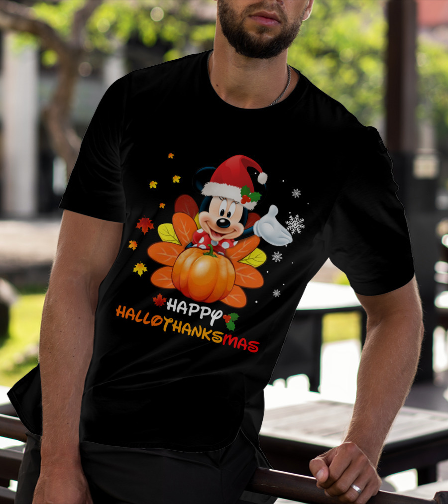 Happy Minnie HalloThanksMas Pumpkin Santa Hat Leaves Snowflakes T-Shirt