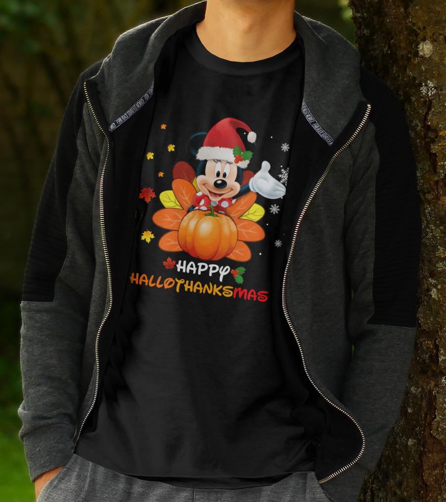 Happy Minnie HalloThanksMas Pumpkin Santa Hat Leaves Snowflakes T-Shirt