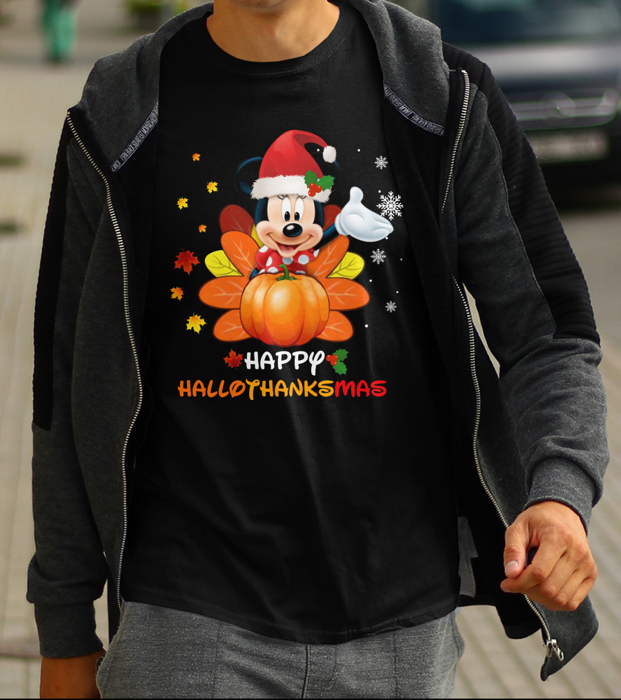 Happy Minnie HalloThanksMas Pumpkin Santa Hat Leaves Snowflakes T-Shirt