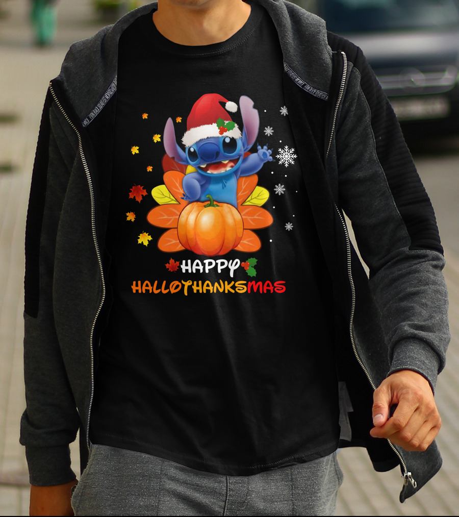 Happy HalloThanksMas Stitch Pumpkin Santa Hat Snowflakes Leaves T-Shirt