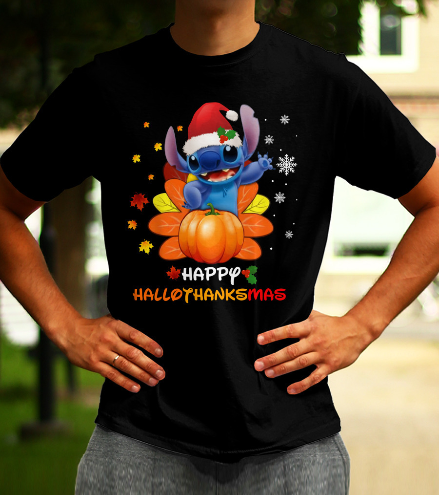 Happy HalloThanksMas Stitch Pumpkin Santa Hat Snowflakes Leaves T-Shirt
