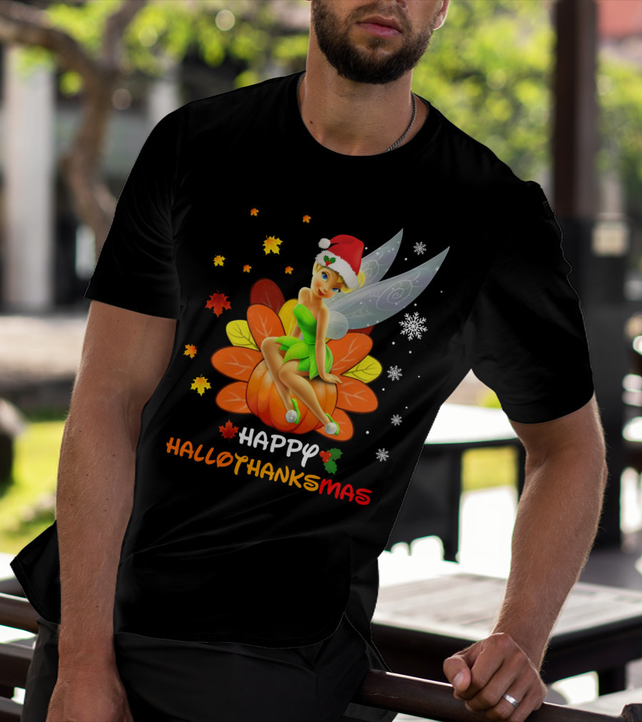 Tinkerbell Happy HalloThanksMas Pumpkin Santa Hat Snowflakes T-Shirt